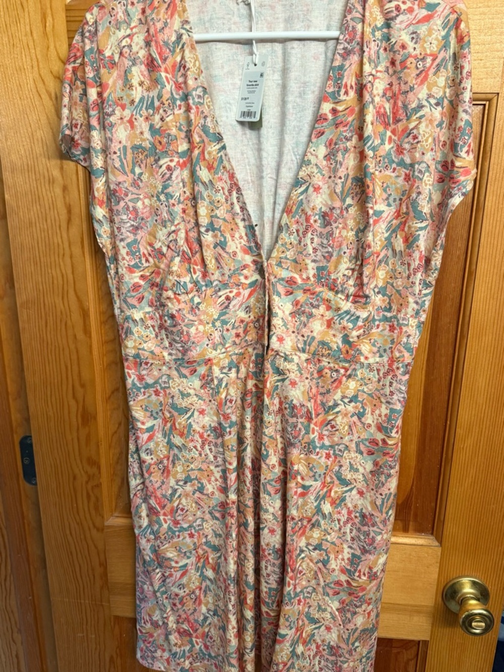 Marine Layer Floral V-Neck Dress in Peach and Teal Accents
